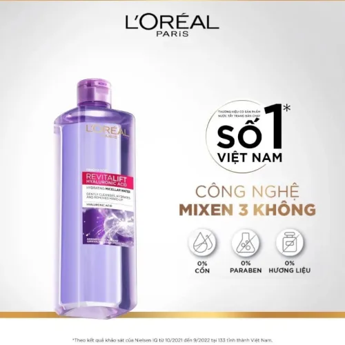 Nước Tẩy Trang Loreal Màu Tím Sạch Sâu Cấp Ẩm Revitalift Hyaluronic Acid Micellar Water 400ml - Hàng Công Ty Có Tem Phụ