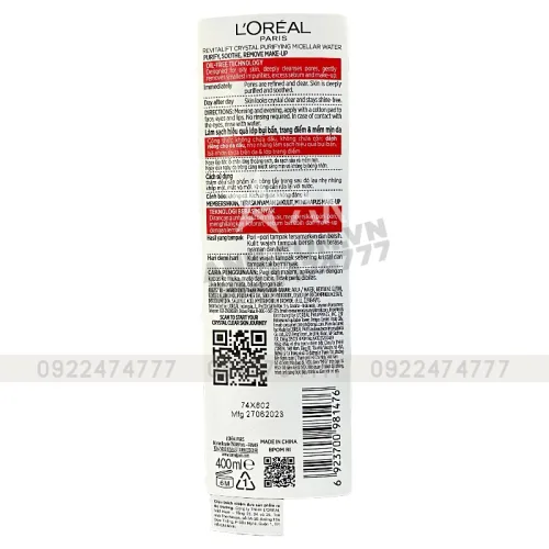 Nước Tẩy Trang Loreal Paris Màu Xám Sạch Sâu Kiềm Dầu Revitalift Crystal Micellar Water 400ml