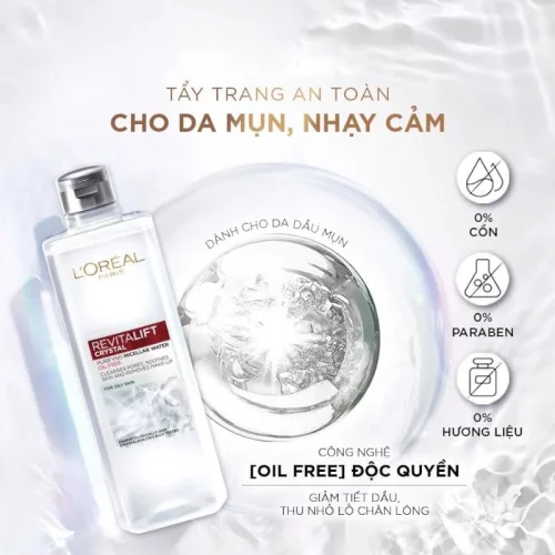 Nước Tẩy Trang Loreal Paris Màu Xám Sạch Sâu Kiềm Dầu Revitalift Crystal Micellar Water 400ml