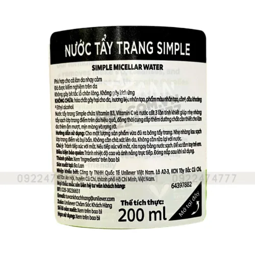 Nước Tẩy Trang Simple Kind To Skin Micellar Cleansing Water 200ml