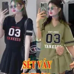 Đồ bộ áo thun chân váy xếp ly lớn in số 3