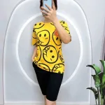Đồ bộ áo thun quần lửng đen in mặt cười