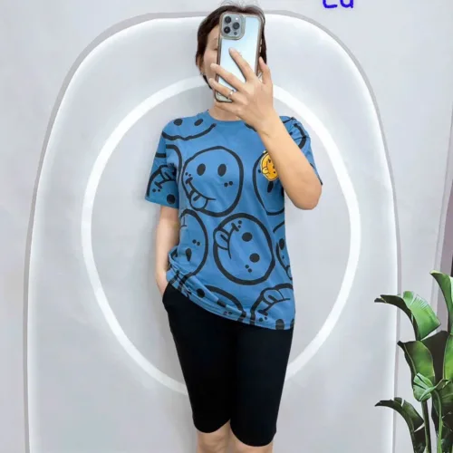 Đồ bộ áo thun quần lửng đen in mặt cười