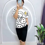 Đồ bộ áo thun quần lửng đen in mặt cười