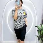 Đồ bộ áo thun quần lửng đen in mặt cười