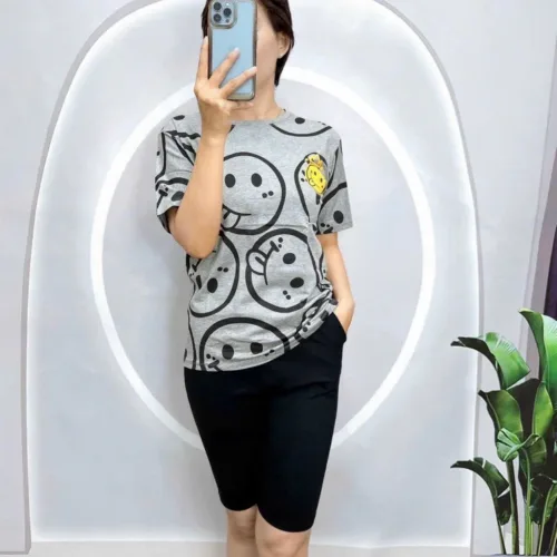Đồ bộ áo thun quần lửng đen in mặt cười