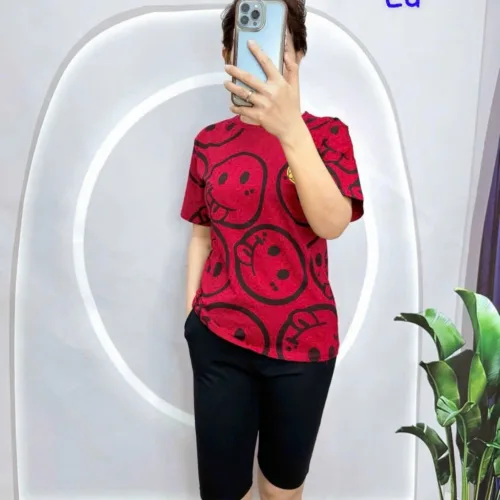 Đồ bộ áo thun quần lửng đen in mặt cười