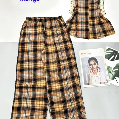 Đồ bộ caro mango quần dài áo sát nách ren