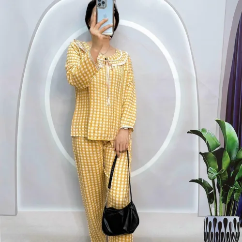Đồ bộ caro mango quần dài áo tay dài bẻ có nơ