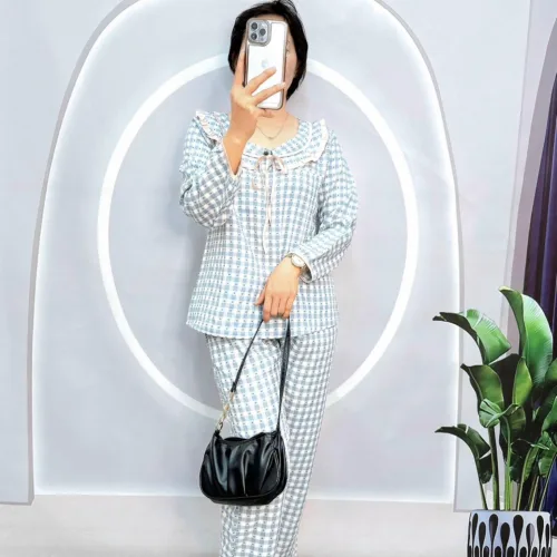 Đồ bộ caro mango quần dài áo tay dài bẻ có nơ