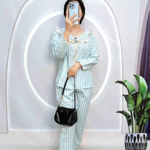 Đồ bộ caro mango quần dài áo tay dài bẻ có nơ