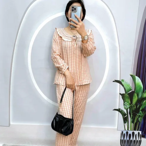 Đồ bộ caro mango quần dài áo tay dài bẻ có nơ