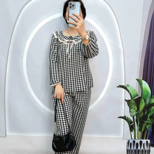 Đồ bộ caro mango quần dài áo tay dài bẻ có nơ