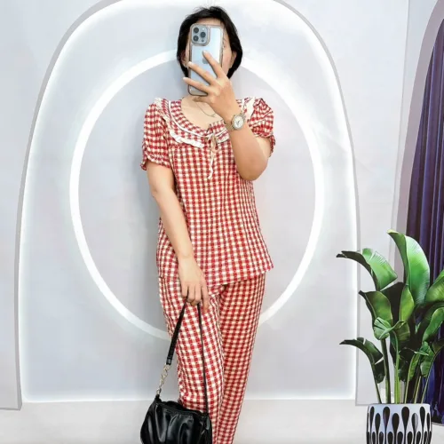 Đồ bộ caro mango quần dài áo tay ngắn cổ có nơ thắt