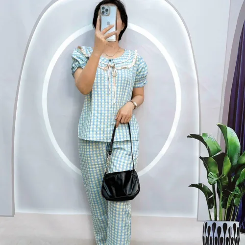 Đồ bộ caro mango quần dài áo tay ngắn cổ có nơ thắt