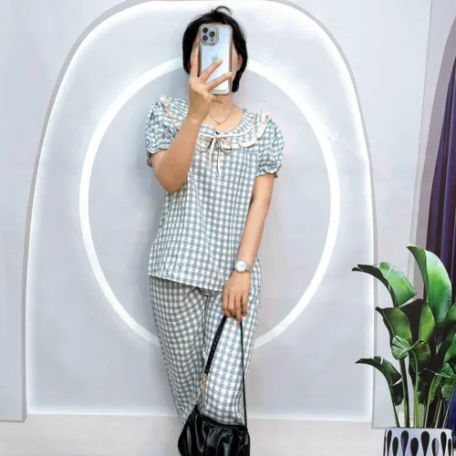 Đồ bộ caro mango quần dài áo tay ngắn cổ có nơ thắt