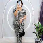Đồ bộ caro mango quần dài áo tay ngắn cổ có nơ thắt