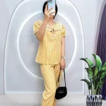 Đồ bộ caro mango quần dài áo tay ngắn cổ có nơ thắt