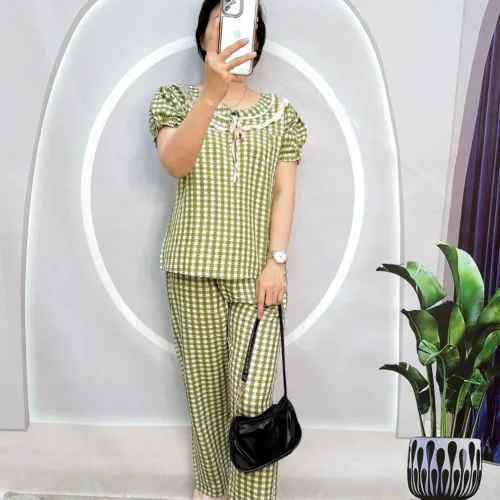 Đồ bộ caro mango quần dài áo tay ngắn cổ có nơ thắt