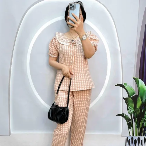 Đồ bộ caro mango quần dài áo tay ngắn cổ có nơ thắt