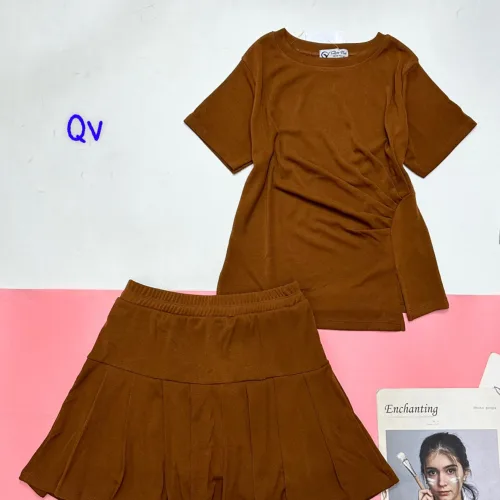 Đồ bộ chân váy gân xẻ áo