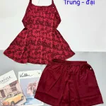 Đồ bộ gấm 2 da phối lụa mờ quần đùi trơn áo yếm 2 dây