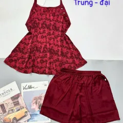 Đồ bộ gấm 2 da phối lụa mờ quần đùi trơn áo yếm 2 dây