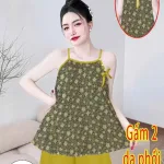 Đồ bộ gấm 2 da phối lụa mờ quần đùi trơn áo yếm 2 dây