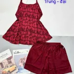 Đồ bộ gấm phối lụa mờ quần đùi trơn áo yếm 2 dây có nút trung