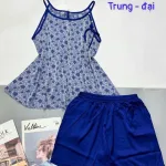 Đồ bộ gấm phối lụa mờ quần đùi trơn áo yếm 2 dây có nút trung