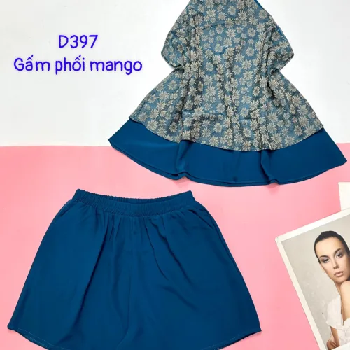 Đồ bộ gấm phối mango quần đùi trơn áo yếm 2 dây cột sau 2 lớp