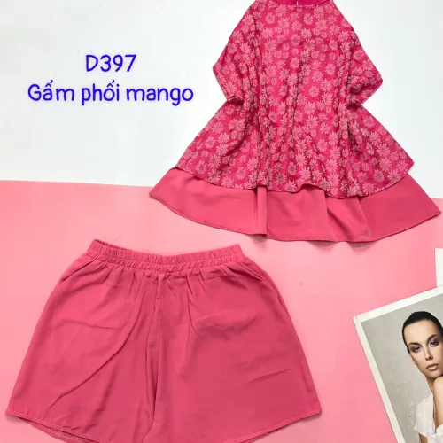 Đồ bộ gấm phối mango quần đùi trơn áo yếm 2 dây cột sau 2 lớp