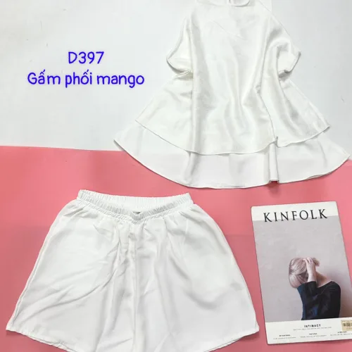 Đồ bộ gấm phối mango quần đùi trơn áo yếm 2 dây cột sau 2 lớp