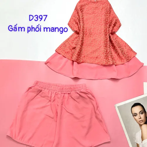 Đồ bộ gấm phối mango quần đùi trơn áo yếm 2 dây cột sau 2 lớp