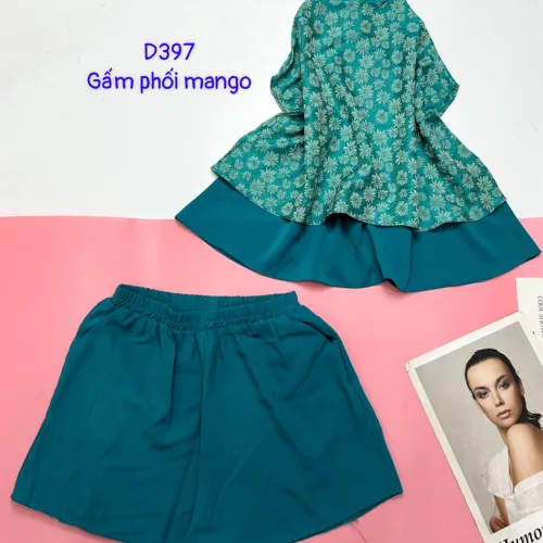 Đồ bộ gấm phối mango quần đùi trơn áo yếm 2 dây cột sau 2 lớp