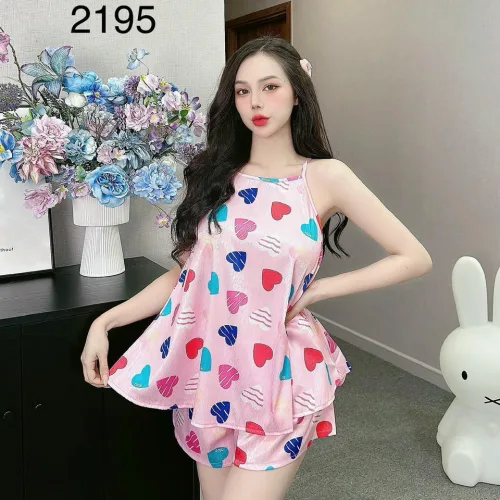 Đồ bộ gấm  quần đùi  áo yếm 2 dây in nhiều hình dễ thương