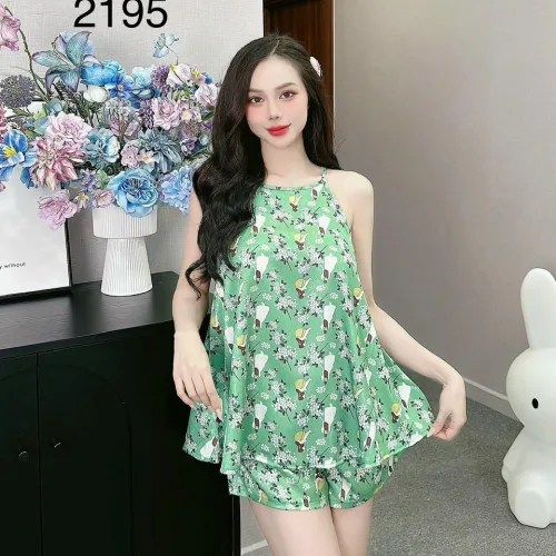 Đồ bộ gấm  quần đùi  áo yếm 2 dây in nhiều hình dễ thương