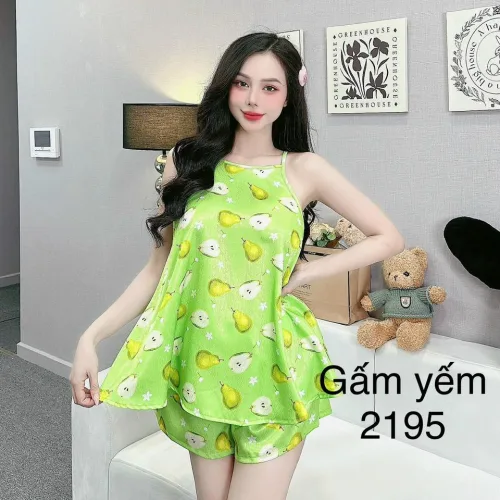 Đồ bộ gấm  quần đùi  áo yếm 2 dây in nhiều hình dễ thương