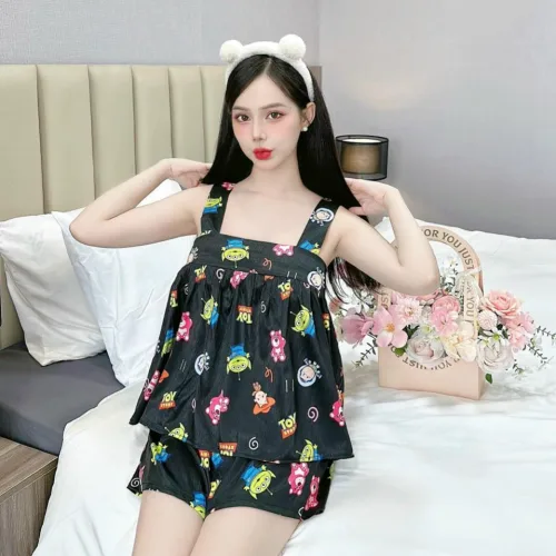 Đồ bộ gấm xước quần đùi áo hai dây in hoạ tiết