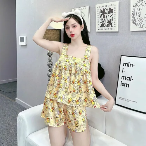 Đồ bộ gấm xước quần đùi áo hai dây in hoạ tiết