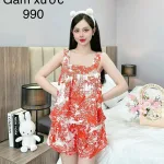 Đồ bộ gấm xước quần đùi áo hai dây in hoạ tiết