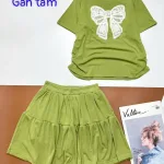 Đồ bộ gân tăm quần váy áo in nơ lớn