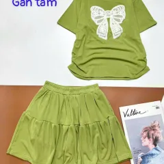 Đồ bộ gân tăm quần váy áo in nơ lớn