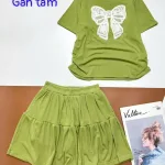 Đồ bộ gân tăm quần váy áo in nơ lớn