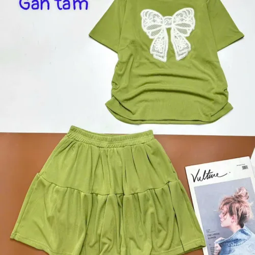 Đồ bộ gân tăm quần váy áo in nơ lớn