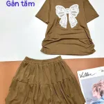 Đồ bộ gân tăm quần váy áo in nơ lớn