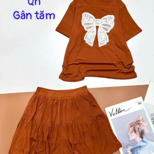 Đồ bộ gân tăm quần váy áo in nơ lớn