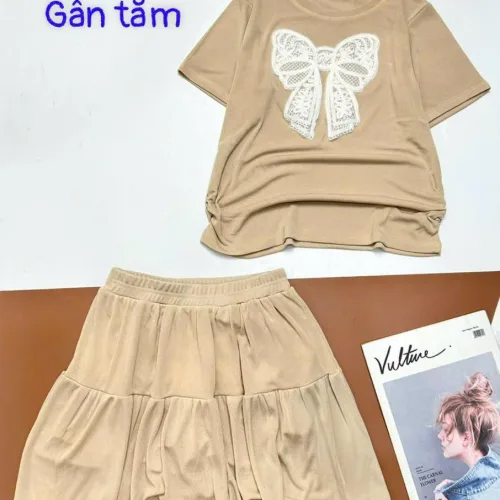 Đồ bộ gân tăm quần váy áo in nơ lớn