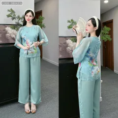 Đồ bộ lam đi chùa latin quần dài áo tay lỡ cổ tròn