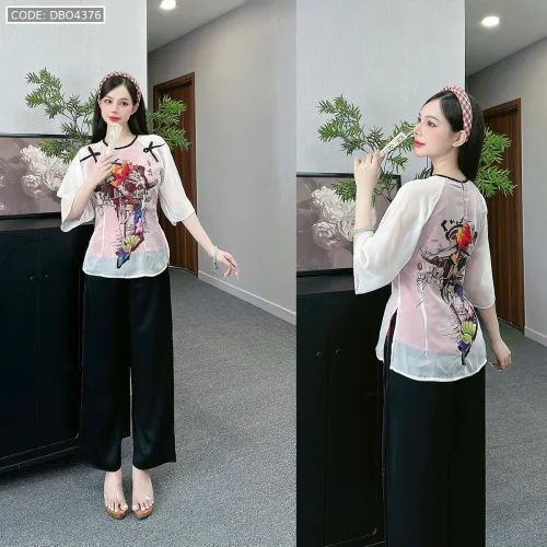 Đồ bộ lam đi chùa latin quần dài áo tay lỡ cổ tròn
